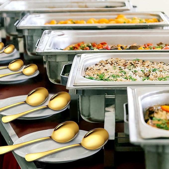 Stainless Steel Serving Spoons Set, 8pc, 10-Inch, Includes 8 Large Spoons, for Parties/Kitchen/Buffet/Catering, Dishwasher Safe, Gold