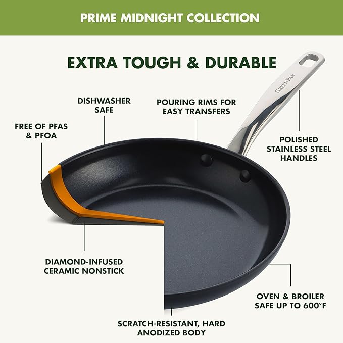 GreenPan Chatham Prime Midnight 8" and 10" Frying Pan Set, Hard Anodized Ceramic Nonstick, PFAS-Free, Dishwasher Safe, Oven Safe, Healthy Cooking Skillet for Eggs and Omelets, Black