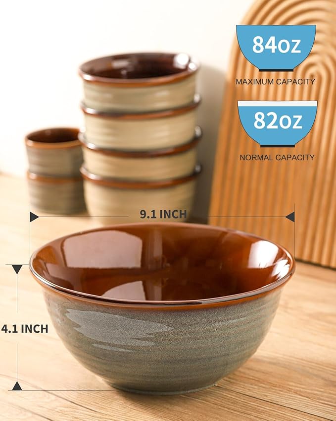 Hasense Serving Bowls, 84 Ounce Ceramic Serving Dishes for Salad Pasta Soup Pho, 9 Inch Mixing Bowls for Baking, Cooking, Kitchen, Party，Dinner, Microwave Dishwasher Safe, Set of 2, Light Grey