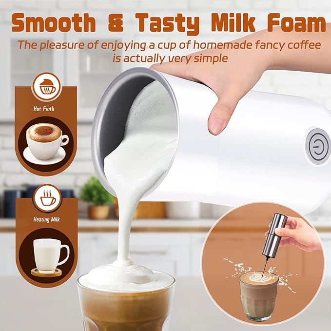 Simple Milk Frother, 2 in 1 Milk Steamer and Frother, Electric Milk Steamer, Milk Warmer and Hot Milk Foam Maker for Latter, Macchiato, Cappuccinos (White)