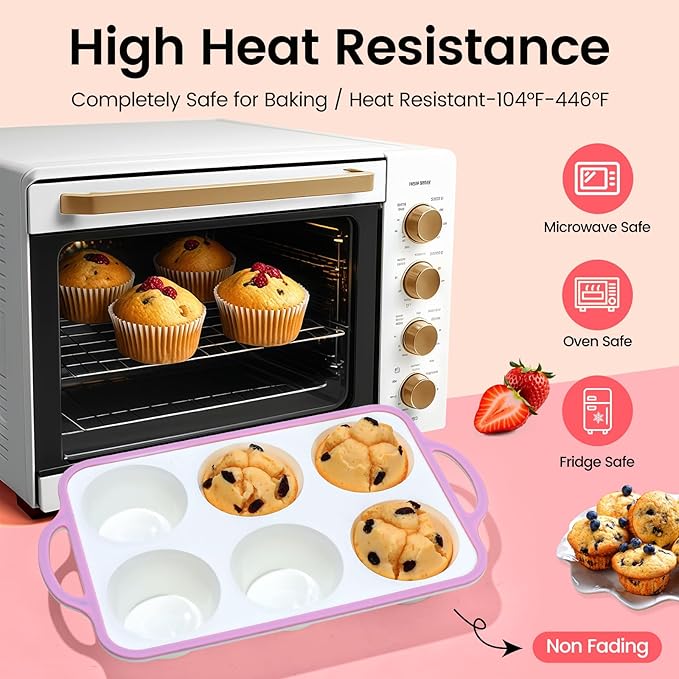 Silicone Jumbo Muffin Pan with Metal Frame, Non Stick Food Grade Silicone Large Muffin Pan, with Handles 6 Cup,BPA-Free and Dishwasher Safe, Jumbo Cupcake Pans - 2 Piece Pink
