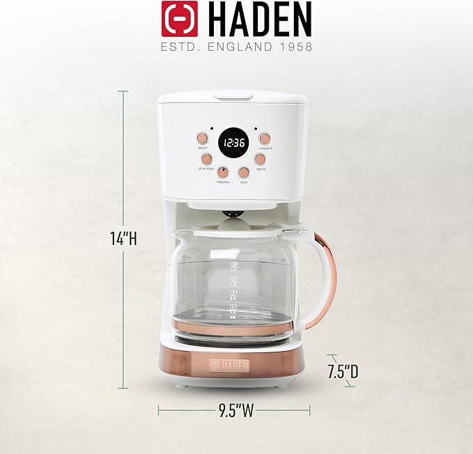 Haden Coffee Machine, 12 Cup Programmable Drip Coffee Maker with Auto Shut-Off Function and Reusable Washable Water Filter, Ivory & Copper
