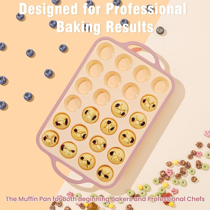 Silicone Mini Muffin Pan With Metal Reinforced Frame - 24 Cups Durable Silicone Cupcake Pan for Muffin, Cupcakes, BPA Free and Dishwasher Safe - 2 Piece Yellow
