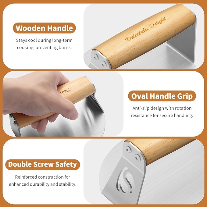 Smash Burger Press,304 Stainless Steel 6.0 Inches Round Hamburger Smasher with Anti Scald Wood Handle, Non-Stick Burger Press Perfect for Flat Top Griddle Grill Cooking