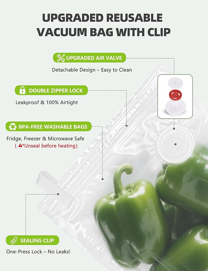 Vacuum Sealer Bags, Reusable Vacuum Zipper Bag, BPA Free Heavy Duty Vacuum Storage Bag for Food 15 Bags (15 Medium Bags (10.24x11.02 in))