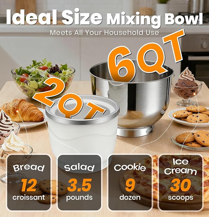 Stand Mixer Set, 6QT Kitchen Mixer with LED Touchscreen, 11-Speed Tilt-Head Mixer with Timer, 4 Preset Menus, Stainless Steel Bowl, Dough Hook, Whisk, Beater,Plus 2QT Ice Cream Maker Attachment