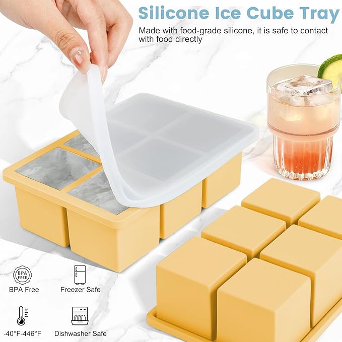 Large Silicone Ice Cube Tray 3Pack, SAWNZC Big Square Ice Cube Molds for Whisky Cocktail, Ice Maker Tray with Lid for Freezer, Easy Release (3, Blue-Green-Yellow)