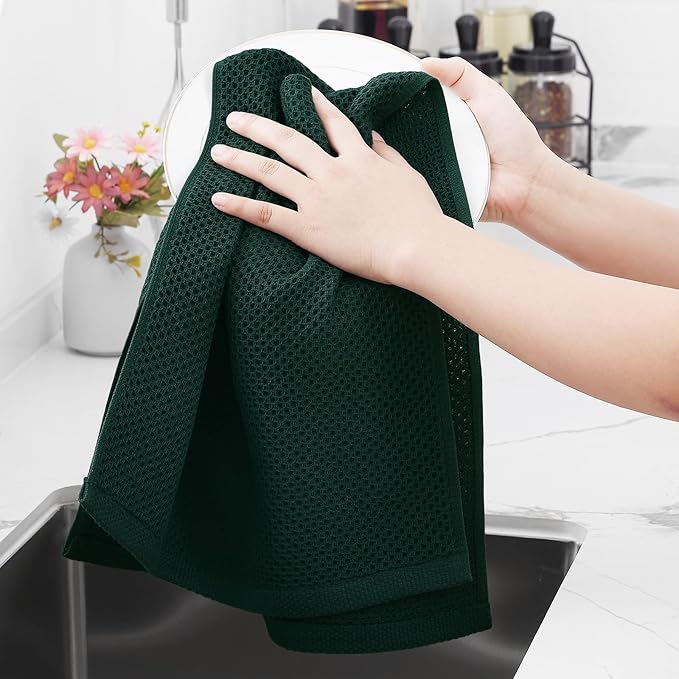 Homaxy 100% Cotton Waffle Weave Kitchen Dish Towels, Ultra Soft Absorbent Quick Drying Cleaning Towel, 13 x 28 Inches, 8-Pack, Blackish Green