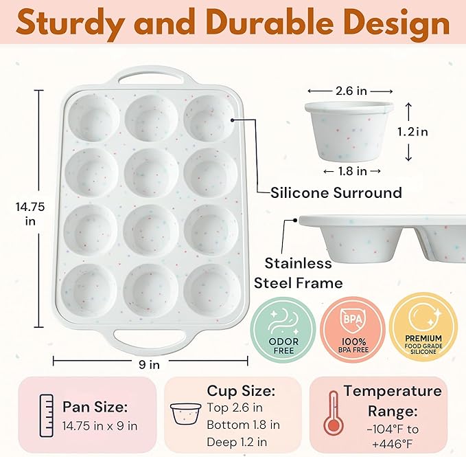 2-Pack Silicone Muffin Pan Set – Regular 12-Cup & Mini 24-Cup Nonstick Cupcake Pans – Metal-Reinforced Handles, BPA-Free, Non-Toxic, Dishwasher Safe, Cream Color Bakeware