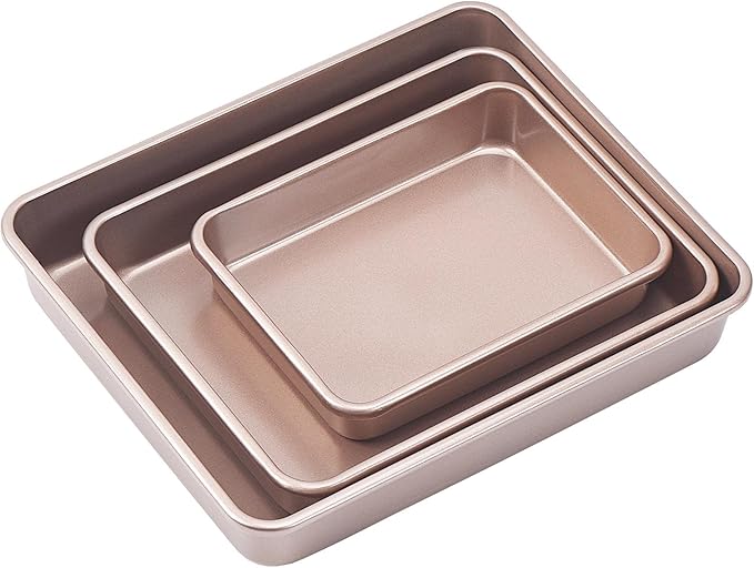 Nonstick Roasting Pan, Deep Baking Pan Set, Large Cake Pan Sets for Oven, 3-Piece Brownie Pan （Gold）
