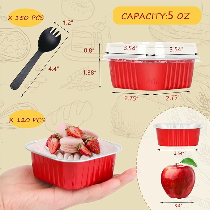120pack 5oz Mini Cake Pans with Lids,LNYZQUS Foil Cupcake Cups Small Brownie Baking Tins,Square Disposable Ramekins Cheesecake Containers for Christmas-Red