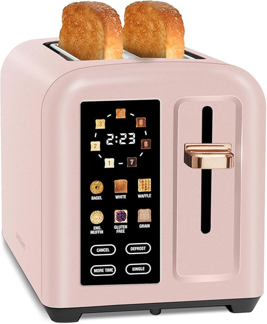 SEEDEEM Toaster 2 Slice, Touch Control Stainless Toaster LCD Display, 50% Faster Heating Speed, 1.4'' Wide Slots, More Timer Functions, Removable Crumb Tray, 1350W, Crystal Pink