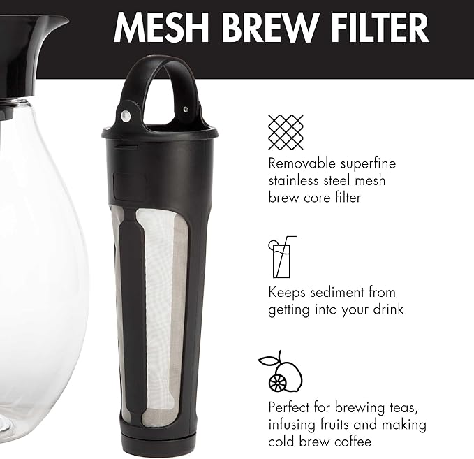Primula The Big Iced Tea Maker and Infuser, Plastic Beverage Pitcher with Leak Proof, Airtight Lid, Fine Mesh Reusable Filter, Made without BPA, Dishwasher Safe, Black