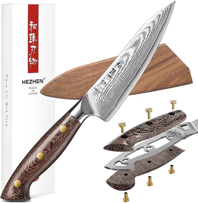 HEZHEN 5.3 Inches All Purpose Kitchen Knife with Sheath, 67 Layers Damascus Steel Kitchen Utility Knife for Cooking Preparation, Petty Knife, Micarta Handle,Gift Ready