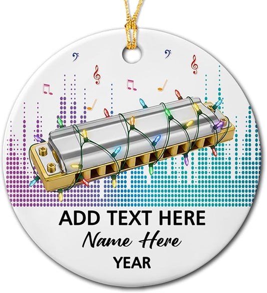 Customized Text Year Name Harmonica Instrument Player Ceramic Ornament, Personalized Harmonica Christmas Ornaments Gift for Harmonicist Women Men Friends Brother Sister, Harmonicas Musical Ornament