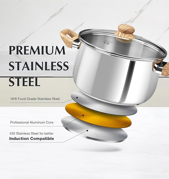 KOCH SYSTEME CS Stainless Steel Pot - 4 Quart Induction Stainless Steel Stock Pot with Lid for Pasta, Soup, Spaghetti, Steel Soup pots with Heat-Resistant Bakelite Double Handle, Dishwasher Safe
