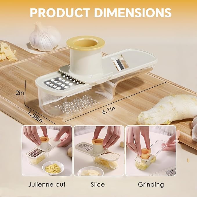 Multi-Function Garlic Grinder, 3-in-1 Garlic Chopper & Slicer with Airtight Container Easy-Clean Multi-Purpose Mandoline Slicer with Wire Scrubber and Kitchen Hook (White)
