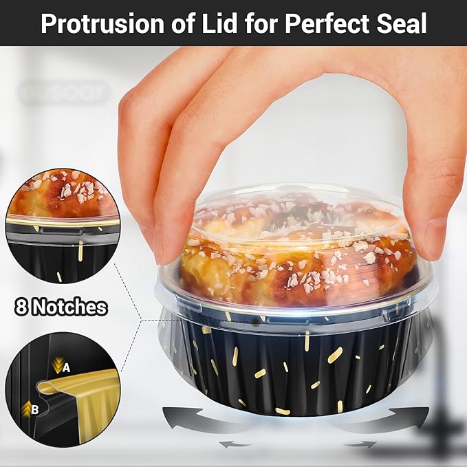 EUSOAR Foil Ramekins with Lids, Black 25Packs 5oz Disposable Baking Cups Foil Liner Cupcake Container, Dessert Cheesecake Pan Creme Brulee Cupcake Containers for Catering Gathering Club Wedding Party