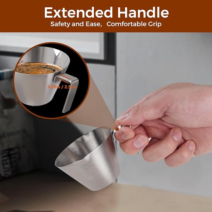 2 Pcs Espresso Cups with Handle, Stainless Steel, Double Spout Metal Measuring Cup with Dual Scale, Espresso Shot Cup with V-Shaped Mouth, 3.4oz/100ml(Silver)
