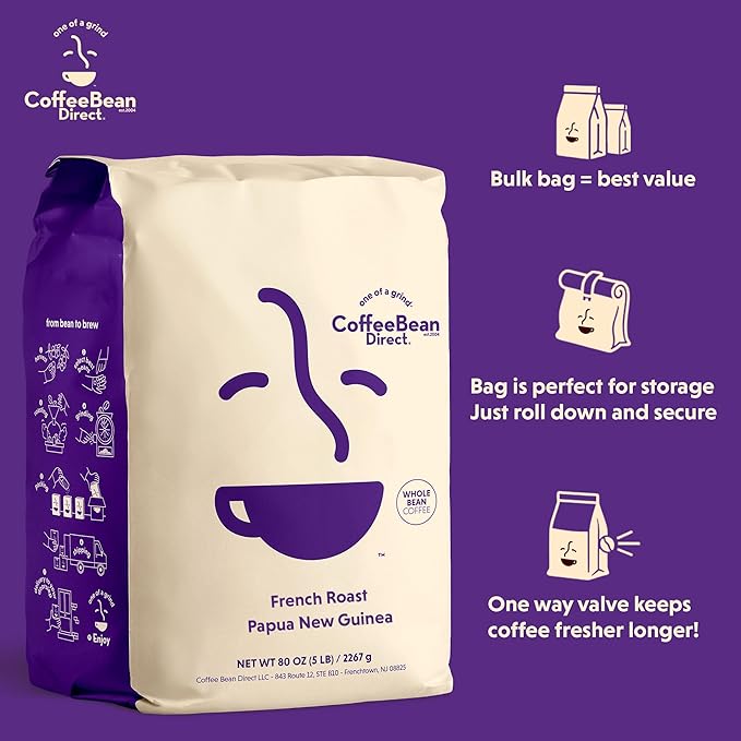 Coffee Bean Direct French Roast Papua New Guinea, Whole Bean Coffee, Arabica Coffee, Dark Roast, 5 Pound Bag (Pack of 1)
