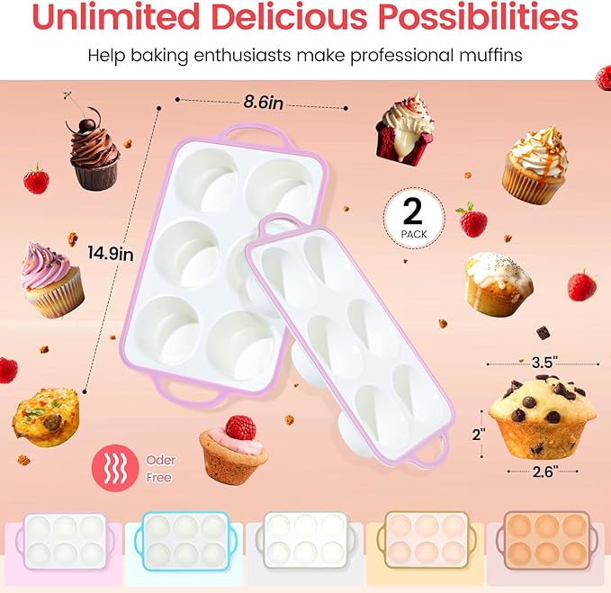 Silicone Jumbo Muffin Pan with Metal Frame, Non Stick Food Grade Silicone Large Muffin Pan, with Handles 6 Cup,BPA-Free and Dishwasher Safe, Jumbo Cupcake Pans - 2 Piece Pink