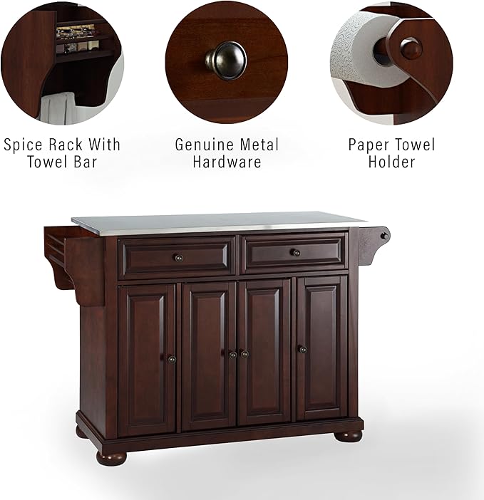 Crosley Furniture Alexandria Stainless Steel Top Rolling Kitchen Island Storage Cart, Spice Rack, Mahogany