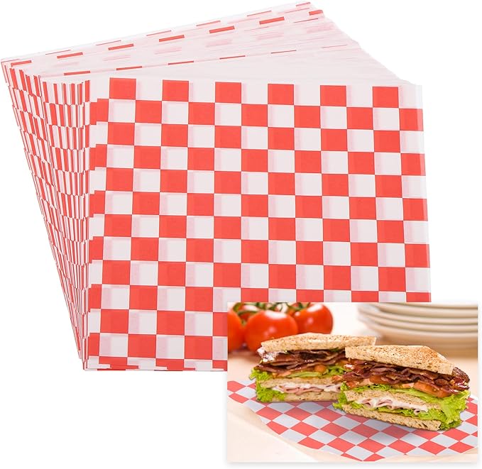 PATIKIL 5.9" x 5.9" Waxed Paper Sheets, 100Pcs Square Pattern Oil-absorbing Dry Food Wrapping Paper for Bakery Coffee Shop Home Baking Kitchen DIY, Red