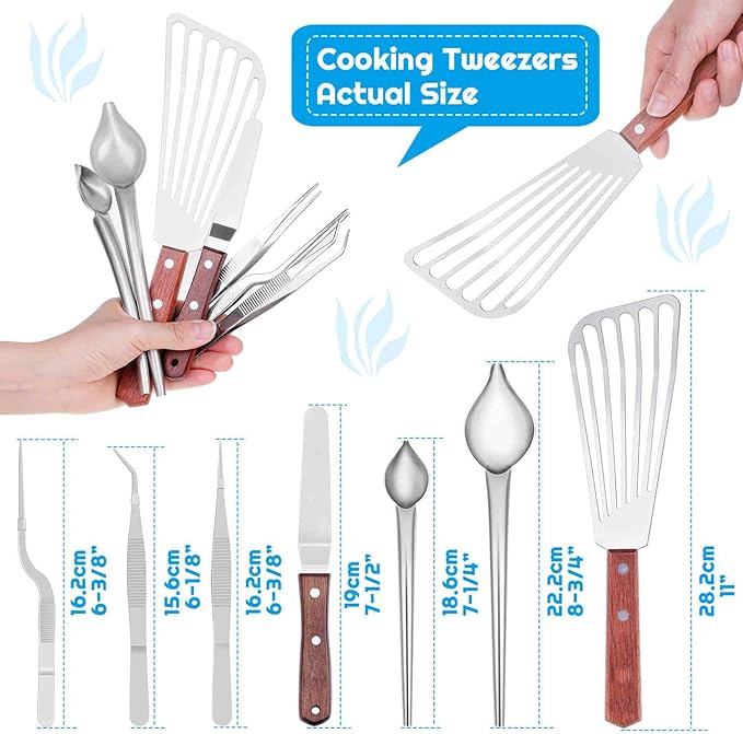 Cridoz 7 Pcs Stainless Steel Kitchen Cooking Plating Tweezers Tongs Drawing Spoons Offset Spatula and Fish Spatula for Food Culinary Plating Decorating