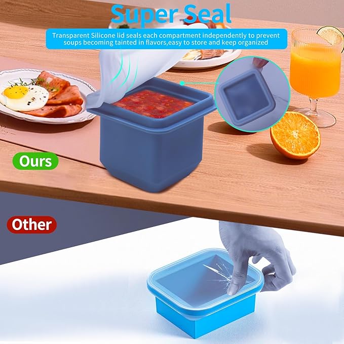 1/2 Cup Silicone Freezer Tray With Lid - Silicone Freezer Molds 4-Pack For meal prep & freezing of various sauces and other dishes, makes 4 perfect 1/2 cup portions cubes (Blue 4 Pack)