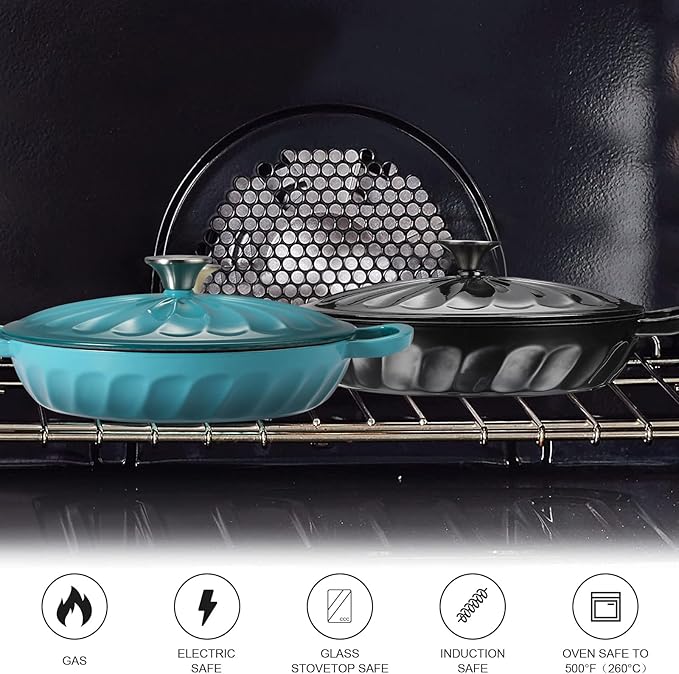 Enameled Cast Iron Braiser, 3.8 Quart Enamel Dutch Oven with Handles, Cast Iron Braiser Pan with Lid,Enameled Cookware (BlueGreen)