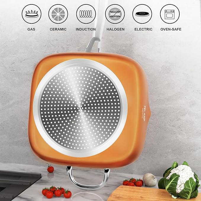 FELAMP 9.5-Inch Ceramic Nonstick Deep Square Frying Pan Set with Glass Lid, Stainless Steel Fry Basket & Steamer Rack, Induction Compatible, Oven &Dishwasher Safe, 4-Piece Copper Pan Chef Cookware Set