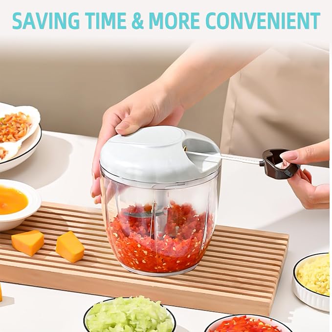 Manual Food Processor Vegetable Chopper, Hand Pull String Garlic Mincer Cutter for Veggies, Fruits, Nuts, Meat, Salad,900ml Gray