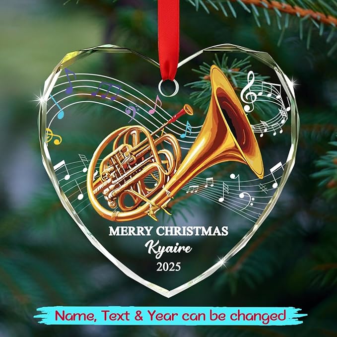 Customized French Horn Instrument Glass Ornament Xmas Tree, Personalized Year Text Name French Horn Lover Christmas Ornaments Gift for Dad Mom Husband Wife Uncle Aunt,Unique Horns Glass Xmas Ornament