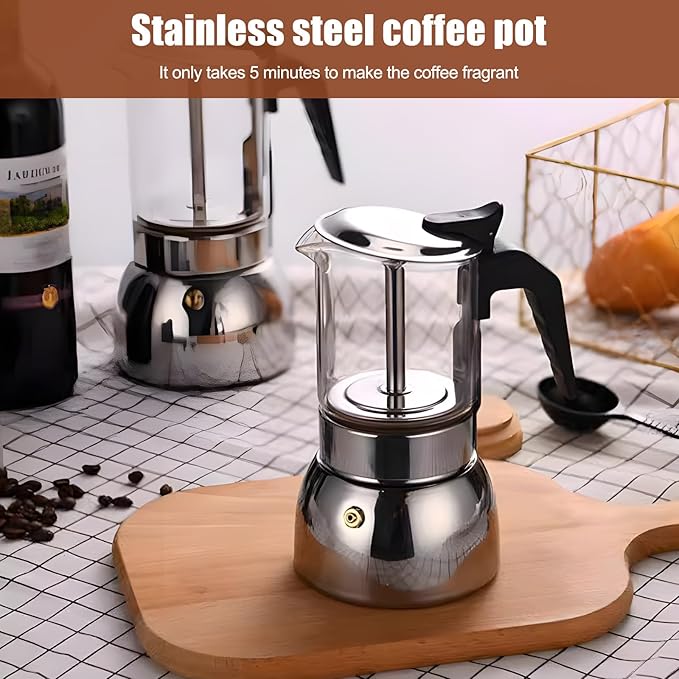 Stovetop Espresso Maker, 9Cup 450ML Stainless Steel Stovetop Italian Coffee Maker Transparent Glass Moka Pot, Coffee Maker Mocha Pot for Home Cafe Outdoor Office