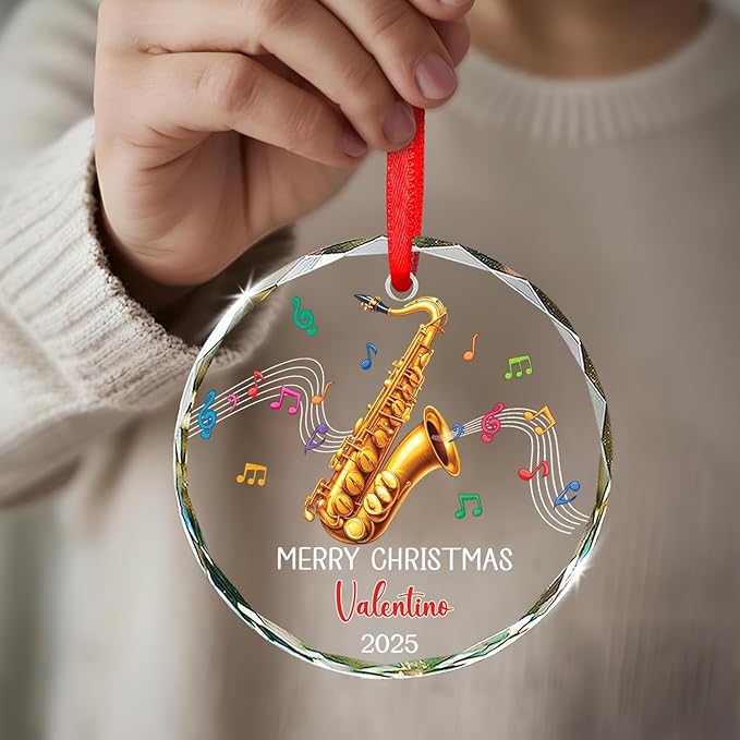 Saxophone Player Christmas Glass Ornament 2025, Personalized Text & Name Saxophonist Christmas Keepsake, Instrument Musical Xmas Ornament Gift for Saxophone Lover, Customized Musician Glass Ornaments