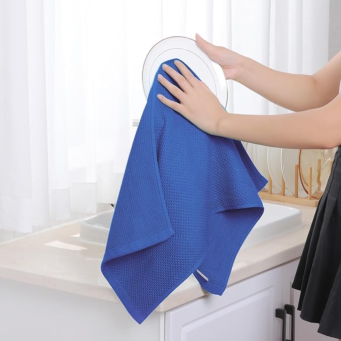 Homaxy 100% Cotton Waffle Weave Kitchen Dish Towels, Ultra Soft Absorbent Quick Drying Cleaning Towel, 13 x 28 Inches, 8-Pack, Blueberry