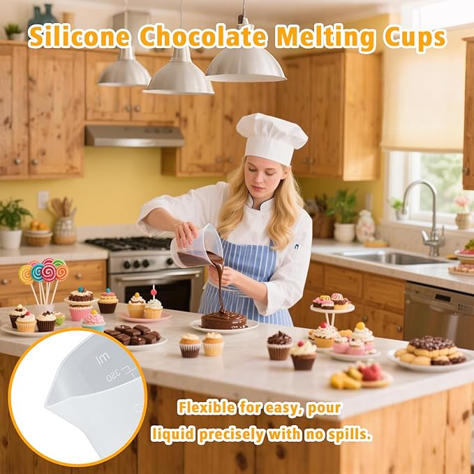 Palksky Silicone Chocolate Melting Cup Set with 4 Silicone Measuring Cups (250ml & 350ml) and 4PCS Heat-Resistant Jar Spatulas, Non-Stick Baking Tools for DIY Chocolate, Butter & Cream Mixing