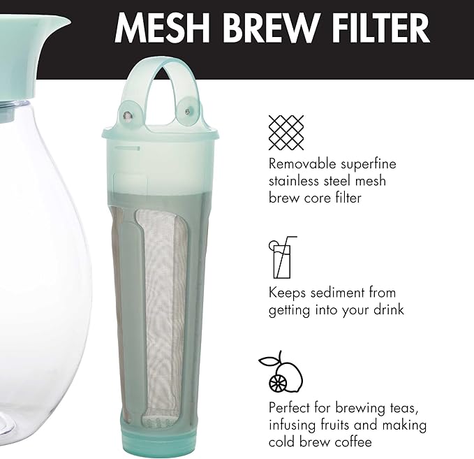 Primula The Big Iced Tea Maker and Infuser, Plastic Beverage Pitcher with Leak Proof, Airtight Lid, Fine Mesh Reusable Filter, Made without BPA, Dishwasher Safe, Aqua