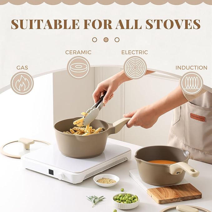 PRICUSIS Nonstick Saucepan Set with Lids, 2QT and 2.7QT Sauce Pan Set, Non Toxic Sauce Pots with Pour Spouts for Multipurpose Use, PFOA Free, Induction Compatible Apricot