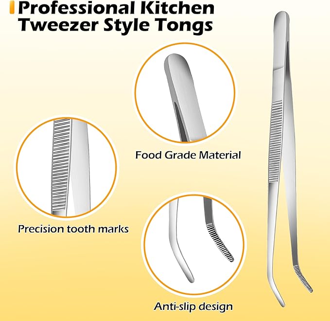 10-Inch Kitchen Tweezers Tongs Stainless Steel Kitchen Tweezers for Cooking Chef Tweezer Professional Skinny Tongs for Pasta Food Plating BBQ