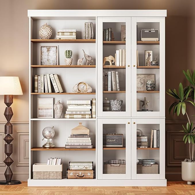70.8" Tall Farmhouse Bookshelf with Glass Doors, Modular Bookcase with 6-Tier Adjustable Shelves, Large Storage Cabinet for Kitchen, Living Room, White, Set of 4