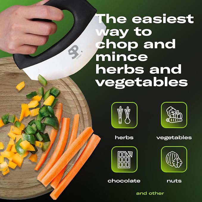 Stainless Steel Mezzaluna Salad Chopper Knife – Double Blade Herb Mincer with Protective Cover and Ergonomic Handles for Chopping Herbs, Vegetables, and Salad