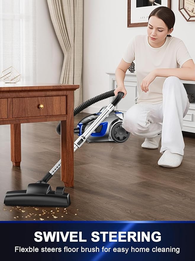 Canister Vacuum Cleaner, 32Kpa 1600W Bagless Vacuum Cleaner, Dust Full Indicator, H13 HEPA Filter, 3.7Qt Large Capacity, Lightweight Vac for Hard Floors, Carpet, Pet, Upholstery, Blue