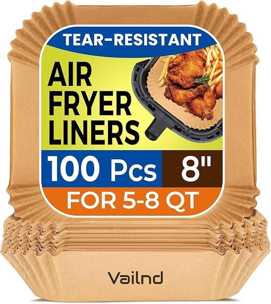 Air Fryer Paper Liners: 100Pcs Parchment Paper, 8" Air Fryer Liner Disposable for Microwave, Non-Stick Square Air Fryer Basket Liner