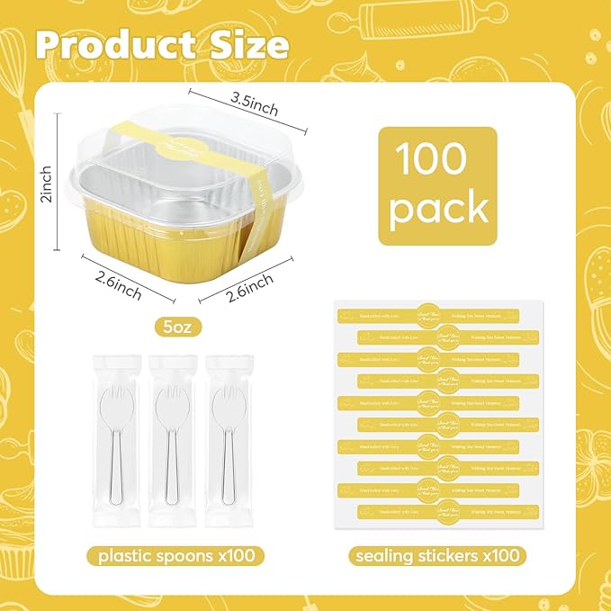 Ruckae 5oz 100 Pcs Square Mini Loaf Pans with Lids-Disposable Foil Dessert Containers,Mini Cake Pans with Lids,Aluminum Dessert Cups for Parties and Weddings (Gold, 5oz)