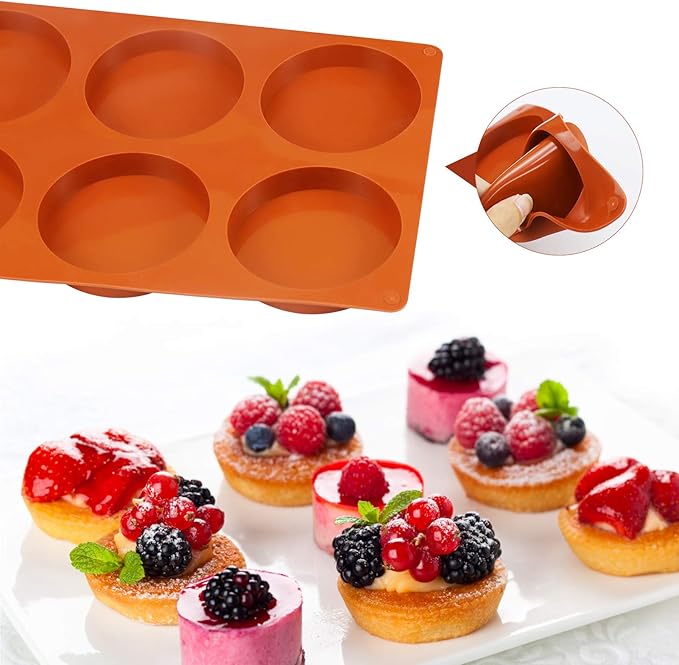 Palksky Silicone Molds for Baking (2 Pack)6-Cavity Large Round Disc Mold/English Muffins Pan/Resin Coaster Mold Non-Stick for Hamburger Chocolate Cake Pie Custard Tart Whoopie Pie Egg Pan