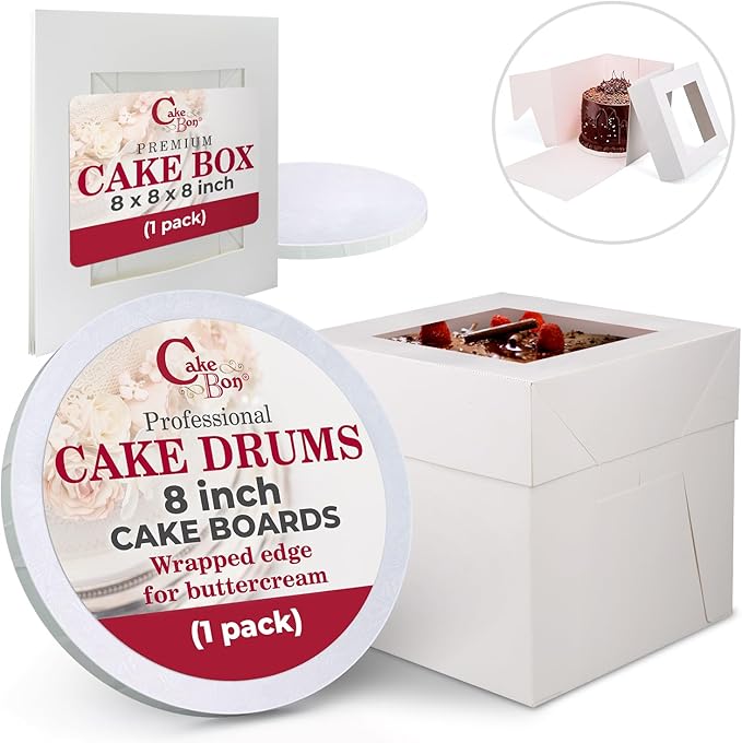 Cakebon Cake Boxes with Boards - 8 Inch Round Cake Drum White (1-pack) - Box With Window for Birthdays, Weddings and Parties