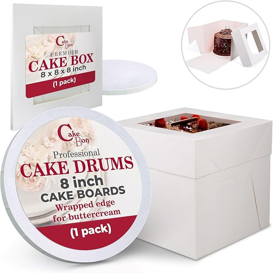 Cakebon Cake Boxes with Boards - 8 Inch Round Cake Drum White (1-pack) - Box With Window for Birthdays, Weddings and Parties