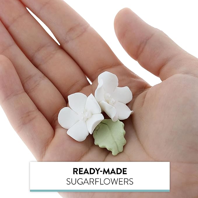 Global Sugar Art Blossoms and Leaves Edible Sugar Cake & Cupcake Flowers, White, Small Unwired, 24 Count with Leaves by Chef Alan Tetreault
