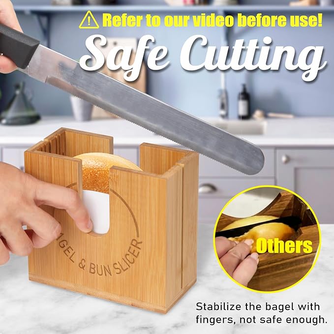 Large Adjustable Bagel Slicer Holder | Bamboo Bagel Cutting Holder with Width-Adjustable Slots for Small & Large Bagels, Buns & English Muffins, Knife Groove & Non-Slip Base